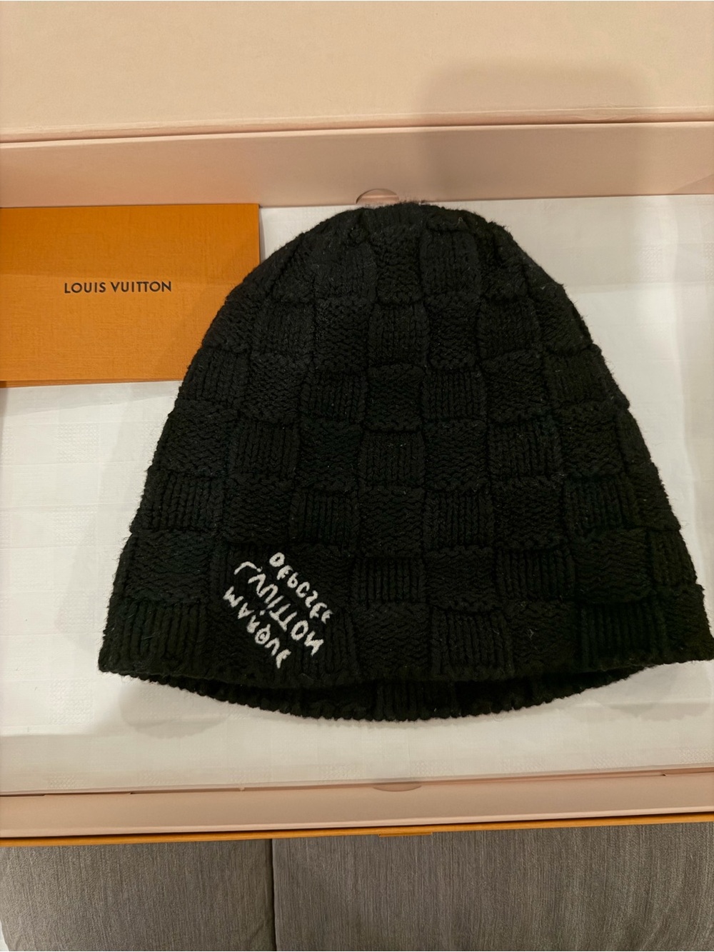 Louis Vuitton Black Checker Knit Beanie with White Script